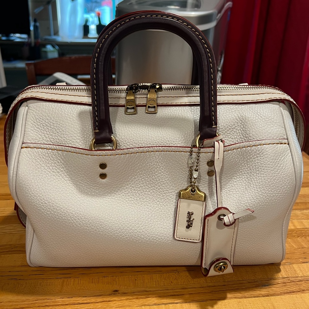 Coach Rogue Satchel in Chalk White pebbled leather old brass hardware.